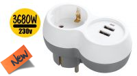 Adaptador divisor Schuko 1x M - 1x F +2x USB (2.4A) Cinza-branco