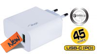 Transformador 110-240V QC3.0 1xUSB+USB-C, PD3.0, 5-20V, Max.45W, 3A branco