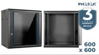 Rack Mural PHASAK 19" Pro · 600 x 600 mm · Montado con puerta de vidrio templado y ventilación activa