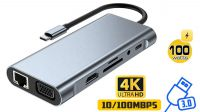 Docking 11in1 USB-C M - RJ45,VGA,2xUSB3.0,2xUSB2.0,HDMI 2XSD/TF Jack3.5 100W PD