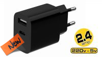 Cargador universal 1xUSB-A, 1xUSB-C 2.4A 12W Negro