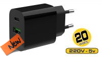 AB 8641 : Carregador universal 1x USB-A QC 3.0, 1x USB-C PD 3.4A 20W (Preto)