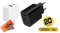 Cargador universal 1x USB-A QC 3.0, 1x USB-C PD 3.4A 20W