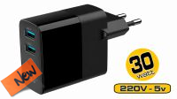 Cargador universal GaN 2xUSB-A QC3.0 1xUSB-C PD 3A 20W LCD Negro