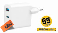 Cargador universal GaN 1xUSB-A QC 3.0 1xUSB-C PD 3.24A 65W LED Blanco