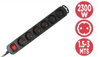 Regleta Schuko de 6 enchufes con interruptor Negra