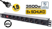 Regleta 19" 8 tomas Schuko, con interruptor, 3500W 1.8m aluminio Negra, 250V con protección sobrecarga