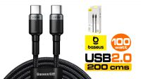 Cabo Baseus USB C M-M,  PD 2.0 QC 3.0 (100W,20V5Amp) Alu.Nylon cinza/negro 2m.