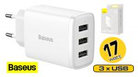 Carregador Baseus 3x USB-A 17W máx. 3.4A branco