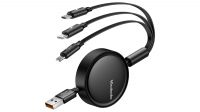 Cabo adaptador 3 em 1 retrátil USB-A M a USB-C Lightning Micro B Max. 3.5A preto 1.2m