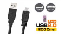 Cabo USB A Macho a Micro B preto em blister 2m